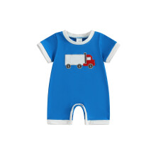 (0-3 Months, Blue) Tutina estiva per neonati con ricamo camion dei pompieri, maniche corte, ideale per bambini piccoli. Vestiti carini.