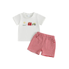 (12-18 Months, White) Conjunto verão menino: camiseta manga curta gola redonda bordado sol + shorts listrados (2 peças)