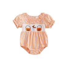 (6-12 Months, Orange) Tutina a quadri per bambina con maniche corte a sbuffo, scollo rotondo con volant e ricamo a zucca.