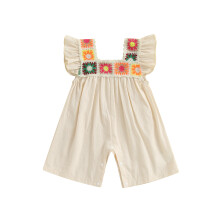 (18-24 Months, Beige) Tutina estiva per neonata, maniche corte, scollo quadrato, ricamo floreale, body per neonata
