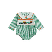 (0-3 Months, Green) Tutina quadri bambina con ricamo zucca e trattore, maniche lunghe e colletto da bambola, ideale per Halloween.