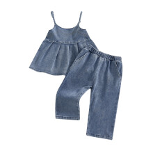 (3-4 Years, Blue) Conjunto de calça e blusa regata jeans de cor sólida para meninas, duas peças.