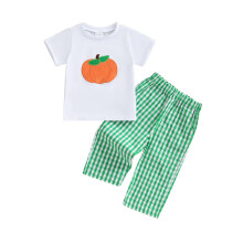 (18-24 Months, White) Conjunto 2 peças bebê menino, moletom curto e calça xadrez com estampa de abóbora bordada.