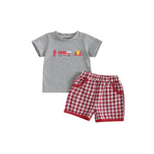 (12-18 Months, Multi-color) Conjunto de verão para bebê menino: camiseta com estampa de caminhão de bombeiros e shorts xadrez. Roupa de 2 peças.