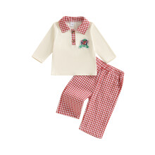 (6-12 Months, Green) Conjunto de Natal para Bebê Menino: Blusa de Manga Comprida com Gola Lapela + Calça Xadrez