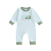(6-12 Months, Blue) Tutina da neonato a maniche lunghe con scollo rotondo e righe ricamate, ideale per Natale e per tutti i giorni.