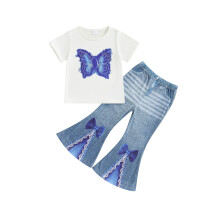 (5 Years, Blue) Sommeroutfit für Kleinkinder: Zweiteiliges Set mit Schmetterlings-T-Shirt und Jeansschlaghose.