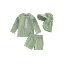 (18-24 Months, Green) Conjunto infantil masculino: maiô com proteção solar, blusa de manga longa, estampas listradas, shorts e touca.