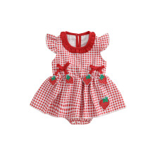 (12-18 Months, Red) Vestitino bambina, maniche a volant, scollo rotondo, fantasia fragole e quadri, perfetto per ogni occasione.