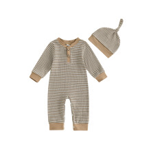 (3-6 Months, Coffee) Completo autunnale per neonato maschio: tutina a maniche lunghe con stampa a righe e cappellino, set da 2 pezzi.