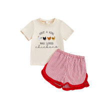 (12-18 Months, Red) Completo estivo per bambina: maglietta corta con ricamo e pantaloni a quadri con volant. Vestiti carinissimi.