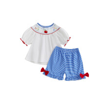 (12-18 Months, White) Conjunto de verão 2 peças: blusa curta com bordado de maçã + shorts. Roupa bebê menina.