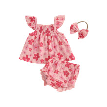 (0-3 Months, Pink) Conjunto de verão para bebê menina, 2 peças: regata com mangas bufantes e estampa floral + shorts.