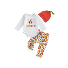 (6-12 Months, White) Conjunto infantil de 3 peças para o Dia de Ação de Graças: calça e chapéu brancos, manga longa, gola redonda.