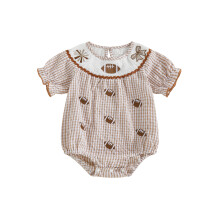 (3-6 Months, Khaki) Mono de verano a rayas para niña, manga corta, cuello redondo, lazo, bordado de rugby
