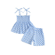 (5-6 Years, Blue) Completo estivo a due pezzi per bambine, canotta plissettata con laccetti e pantaloni a quadri.