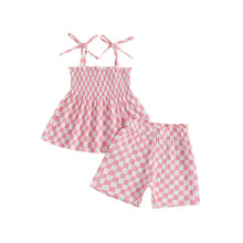 (3-4 Years, Pink) Completo estivo a due pezzi per bambine, canotta plissettata con laccetti e pantaloni a quadri.