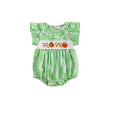 (0-3 Months, Green) Tutina estiva neonata con fiocco, ricamo zucca, quadri, colletto a bambola e maniche a volant, abbigliamento carino