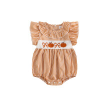 (3-6 Months, Orange) Tutina estiva neonata con fiocco, ricamo zucca, quadri, colletto a bambola e maniche a volant, abbigliamento carino