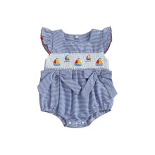 (12-18 Months, Sky Blue) Tutina estiva da bambina con maniche a sbuffo, scollo quadrato, stampa a righe e ricamo a barca a vela. Body a bolle