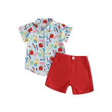 (2-3 Years, Red) Conjunto de 2 piezas para niño: camisa corta y pantalón corto con cintura elástica, diseño de Apple Pen.