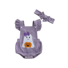 (0-3 Months, Purple) Completo Halloween neonata: tutina senza maniche con volant, fiocco e ricamo fantasma, fascia per capelli inclusa.