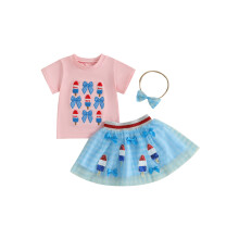 (4-5 Years, Pink) Completo da bambina 4 luglio: top ricamato, minigonna in rete e cerchietto, set 3 pezzi.