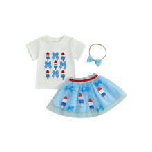 (4-5 Years, White) Completo da bambina 4 luglio: top ricamato, minigonna in rete e cerchietto, set 3 pezzi.
