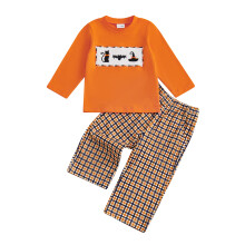 (18-24 Months, Orange) Conjunto de Halloween infantil: Sombrero de bruja, jersey de manga larga y pantalones a cuadros (2 piezas).