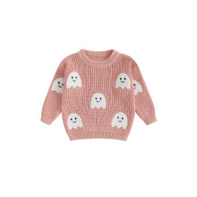 (18-24 Months, Pink) Dívčí halloweenský pletený svetr s dlouhým rukávem, výstřihem do O-krku, duchovou výšivkou, pletené zboží
