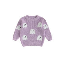 (2-3 Years, Purple) Dívčí halloweenský pletený svetr s dlouhým rukávem, výstřihem do O-krku, duchovou výšivkou, pletené zboží