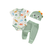 (6-12 Months, White) Chlapečekské oblečení - Dětský overal s dinosaurem, krátký rukáv, dlouhé kalhoty a čepice, 3 ks.