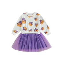 (12-18 Months, Purple) Peuter meisjes herfstset Halloween pompoenprint trui met lange mouwen en ronde hals, mesh rok, 2-delige outfit