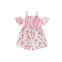 (3-4 Years, Pink) Tutina da bambina con fiori, spalle scoperte, maniche corte e pantaloncini, graziosa tuta estiva