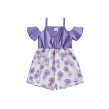 (3-4 Years, Purple) Tutina da bambina con fiori, spalle scoperte, maniche corte e pantaloncini, graziosa tuta estiva