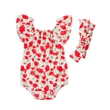(1-3 Months, Red) Tutina da neonata con stampa floreale, colletto elastico, maniche corte e fascia per capelli.
