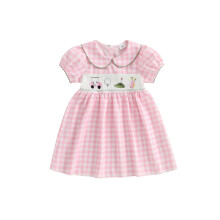 (3-4 Years, Pink) Zomerjurk voor peutermeisjes, A-lijn, geruite print, poppenkraag, korte mouwen, golfkarretje-borduurwerk.