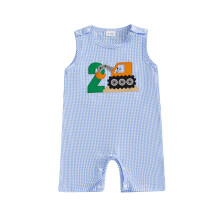 (18-24 Months, Blue) Letný overal pre chlapčekov s vyšívanou kockovanou výstrihom a bez rukávov pre batoľatá