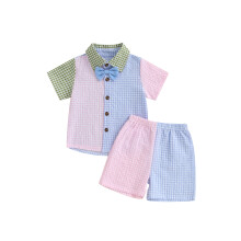 (6-12 Months, Multicolor) Dětské chlapecké kraťasy, kostkované tričko s krátkým rukávem, elastický pas, letní outfit pro batolata