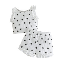 (12-18 Months, White) Conjunto bebê meninas: regata sem mangas com decote redondo, babados, estampa de corações e shorts.
