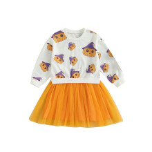 (2-3 Years, Yellow) Peuter meisjes herfstset Halloween pompoenprint trui met lange mouwen en ronde hals, mesh rok, 2-delige outfit