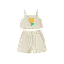 (2-3 Years, Yellow) Conjunto de verão para bebê menina com 2 peças: blusa sem mangas bordada com tulipas e shorts.