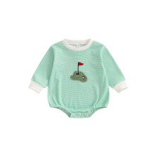 (12-18 Months, Green) Tutina autunnale per neonato con stampa a righe, ricamo golf, maniche lunghe e scollo rotondo.