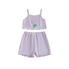 (3-4 Years, Purple) Conjunto de verão para bebê menina com 2 peças: blusa sem mangas bordada com tulipas e shorts.