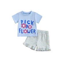 (12-18 Months, Blue) Conjunto de verão para bebê menina: blusa curta floral e shorts xadrez (2 peças).