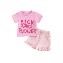 (18-24 Months, Pink) Conjunto de verão para bebê menina: blusa curta floral e shorts xadrez (2 peças).