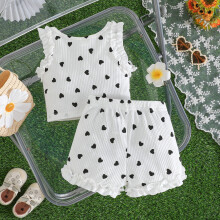 (6-9 Months, White) Conjunto bebê meninas: regata sem mangas com decote redondo, babados, estampa de corações e shorts.