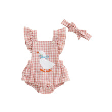(3-6 Months, Pink) Tutina da bambina con ricamo di anatre, maniche a volant, gonna a quadri a balze e fascia per capelli.