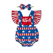 (3-6 Months, Red) Tutina da bambina per il 4 luglio con stelle, righe, maniche a volant, scollo quadrato e fascia con fiocco.