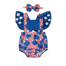 (9-12 Months, Blue) Tutina da bambina per il 4 luglio con stelle, righe, maniche a volant, scollo quadrato e fascia con fiocco.